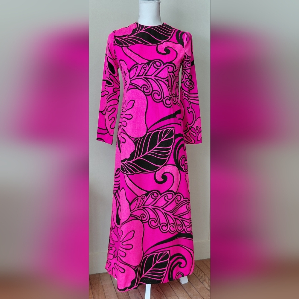 60s Hot Pink & Black Abstract Print Maxi Dress Custom Made Authentic Vintage Mod